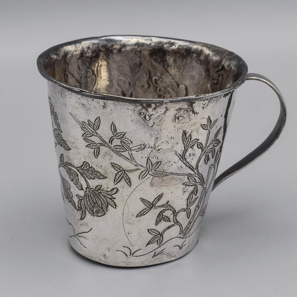 Antique Japanese Sterling Silver Floral Etched Cup Mug