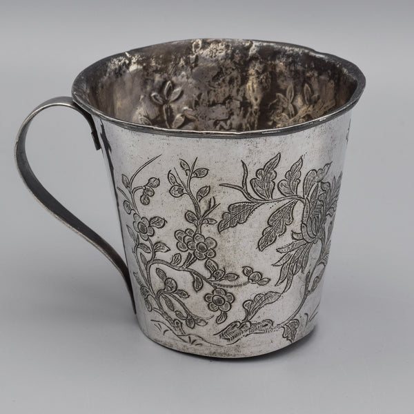 Antique Japanese Sterling Silver Floral Etched Cup Mug