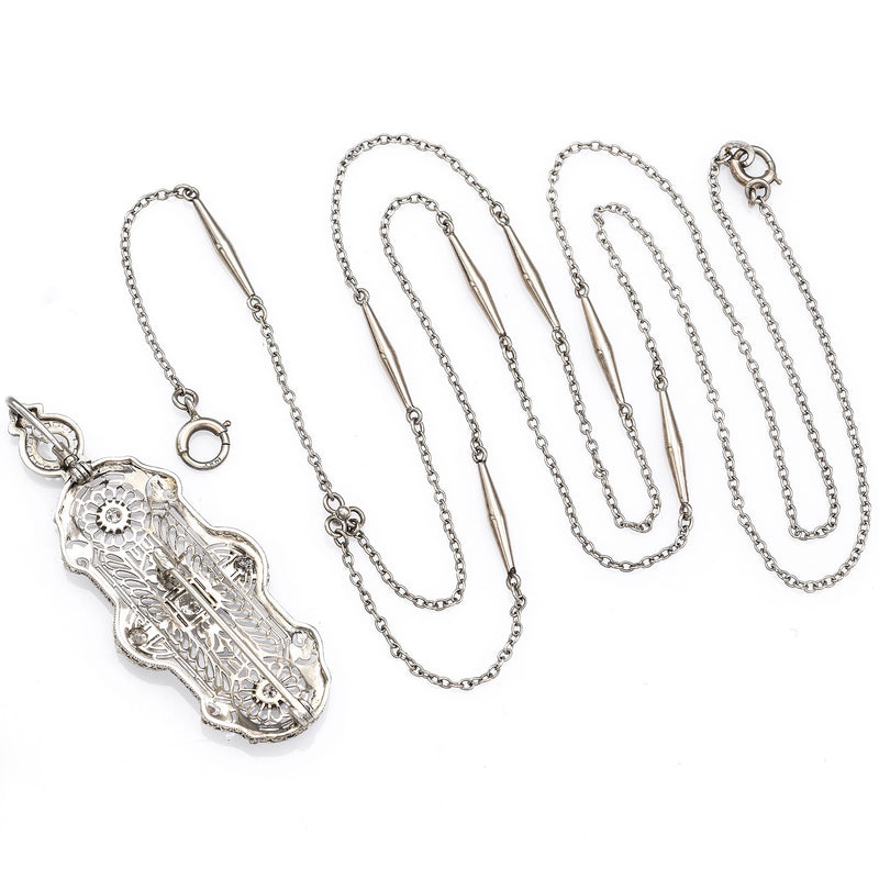 Antique 14K White Gold Diamond Art Deco Brooch Pin Long Necklace