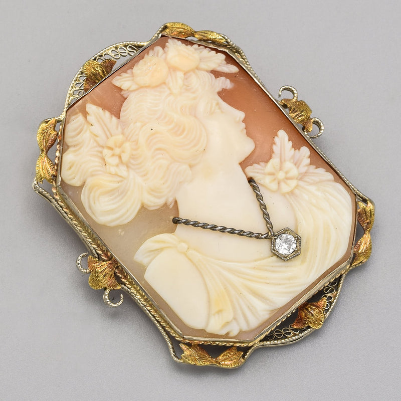 Antique 14K Gold 19th Century Cameo & 0.08 Ct Old Euro Cut Diamond Large Pendant Brooch