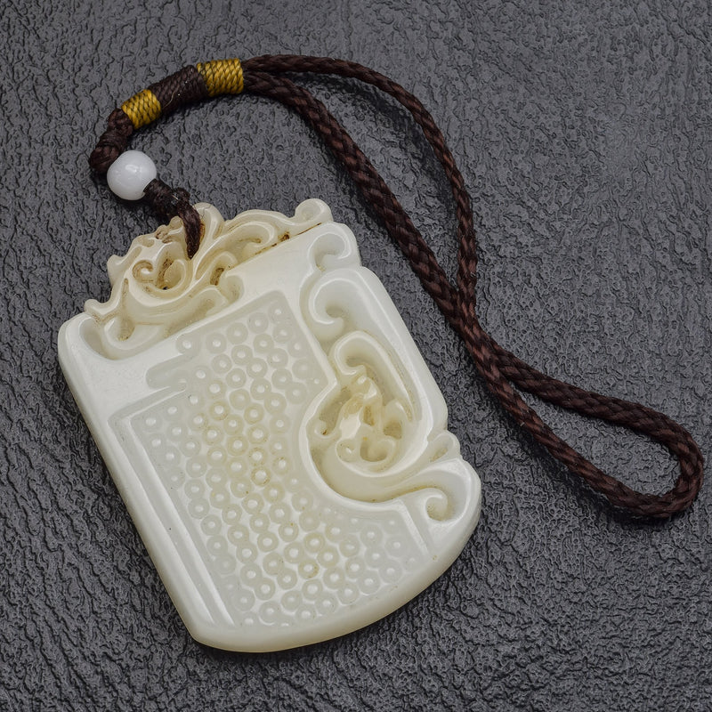 Antique Carved Mutton Fat Jade Brown Cord Amulet