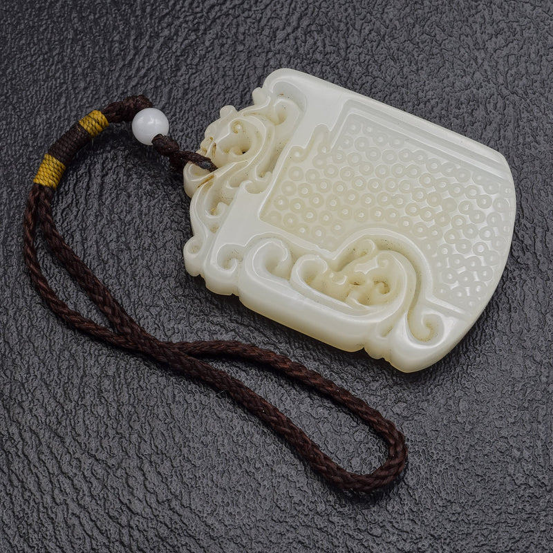 Antique Carved Mutton Fat Jade Brown Cord Amulet