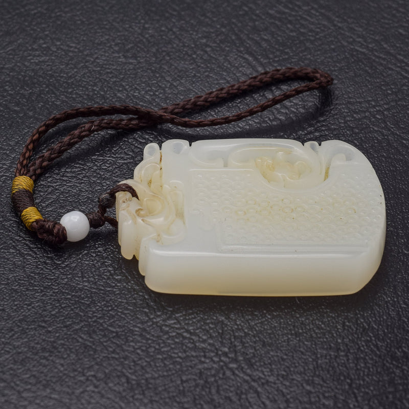 Antique Carved Mutton Fat Jade Brown Cord Amulet