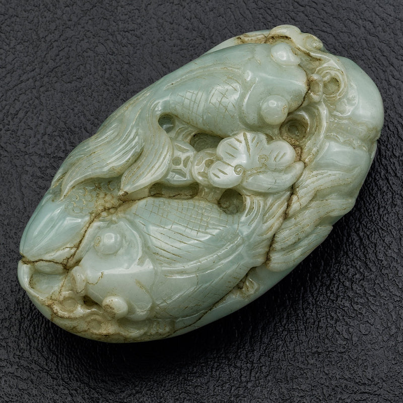 Antique Carved Green Jade Boulder Koi Fish Figurine