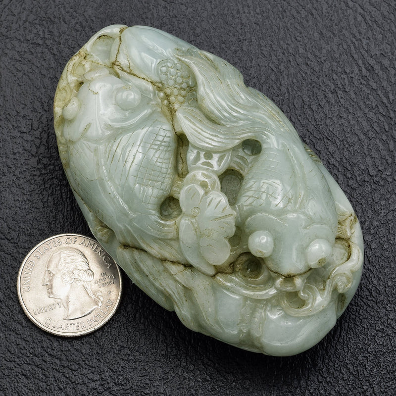 Antique Carved Green Jade Boulder Koi Fish Figurine