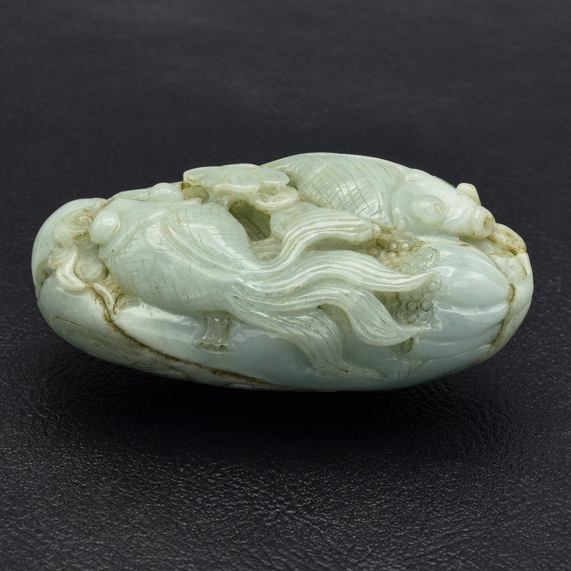 Antique Carved Green Jade Boulder Koi Fish Figurine