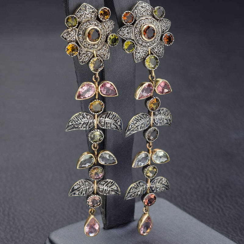 Antique 14K Gold Italian Hand-Made Multi-Stone & Diamond Floral Dangle Earrings