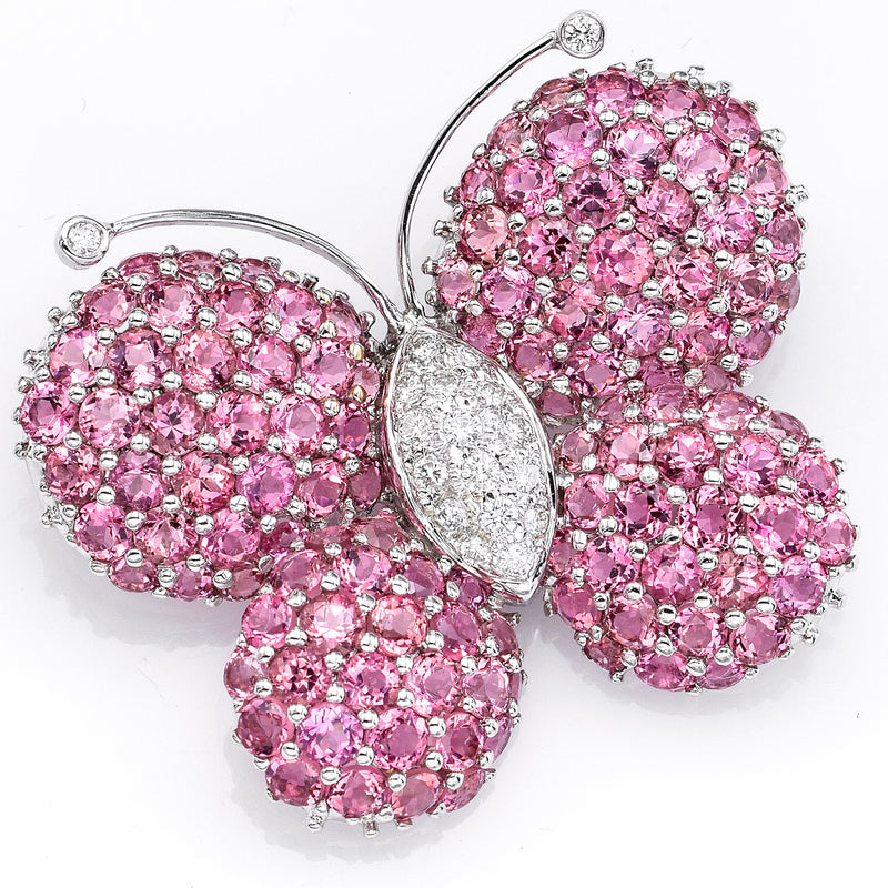 Estate 18K Gold Pink Tourmaline & Diamond Butterfly Brooch Pin