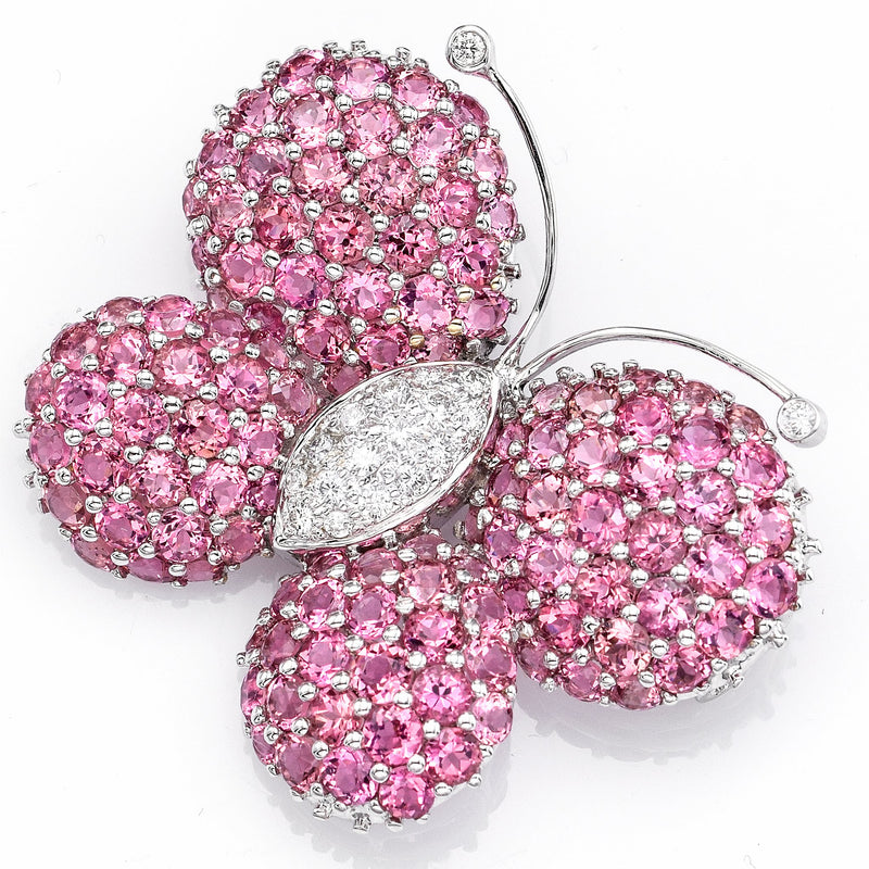 Estate 18K Gold Pink Tourmaline & Diamond Butterfly Brooch Pin