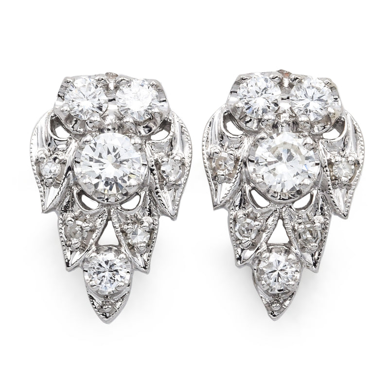 Vintage 14K White Gold Diamond Art Deco Stud Earrings