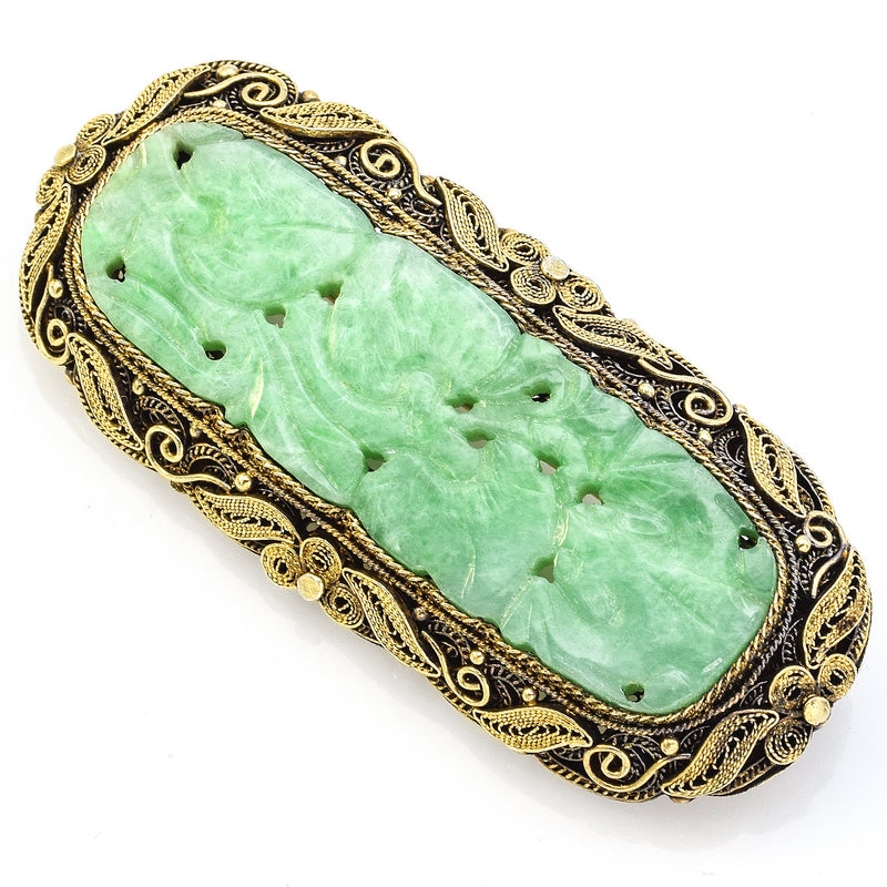 Antique Sterling Silver Carved Green Jade Brooch Pin