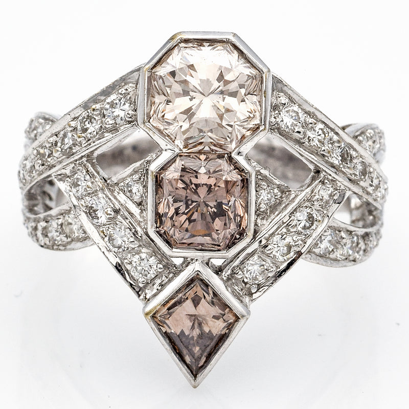 Vintage 18K White Gold Natural Tri Color Diamond Cocktail Ring
