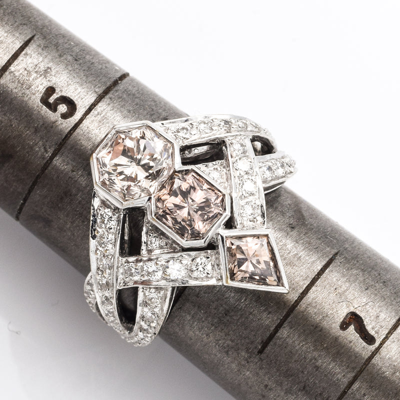 Vintage 18K White Gold Natural Tri Color Diamond Cocktail Ring