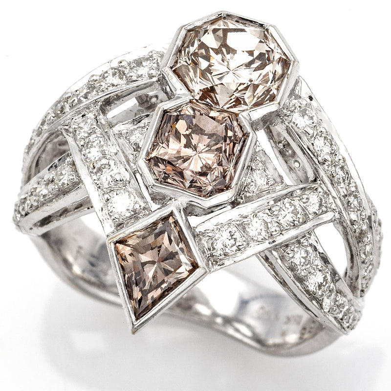 Vintage 18K White Gold Natural Tri Color Diamond Cocktail Ring