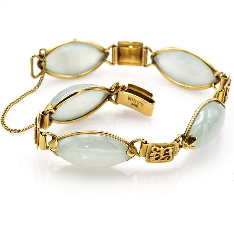Vintage Ming's 14K Yellow Gold Translucent Light Green Jade Link Bracelet