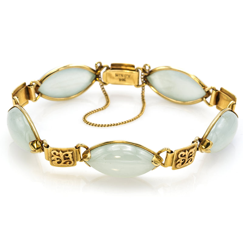 Vintage Ming's 14K Yellow Gold Translucent Light Green Jade Link Bracelet