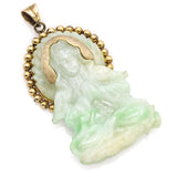 Vintage 14K Yellow Gold Carved Green Jade Kwan Yim Chinese Deity Charm Pendant