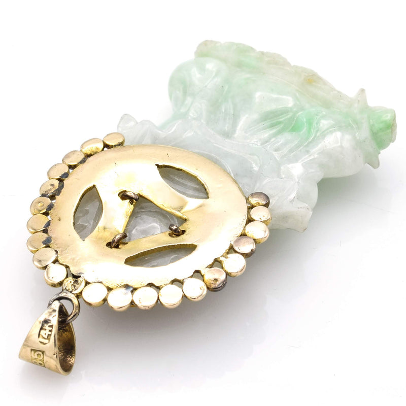 Vintage 14K Yellow Gold Carved Green Jade Kwan Yim Chinese Deity Charm Pendant