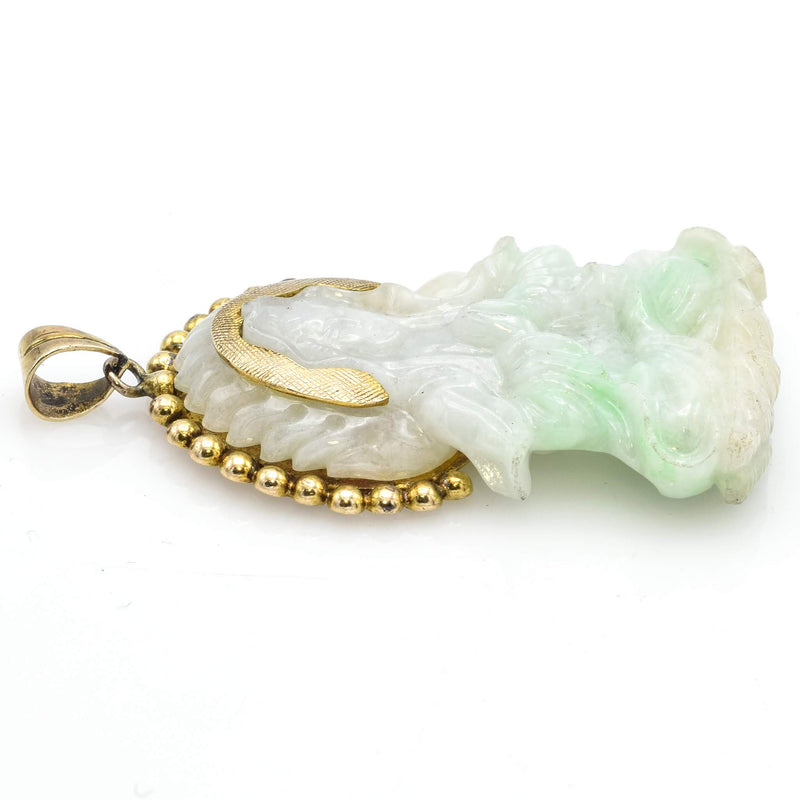 Vintage 14K Yellow Gold Carved Green Jade Kwan Yim Chinese Deity Charm Pendant