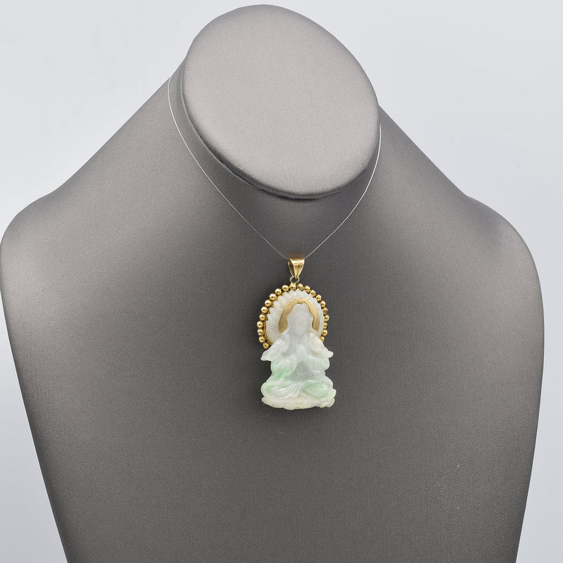 Vintage 14K Yellow Gold Carved Green Jade Kwan Yim Chinese Deity Charm Pendant