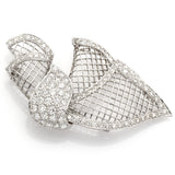 Estate 18K White Gold Diamond Filigree Ribbon Pin Brooch Earring Set