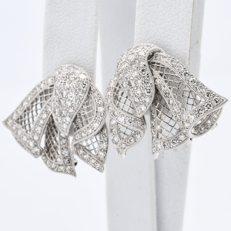 Estate 18K White Gold Diamond Filigree Ribbon Pin Brooch Earring Set
