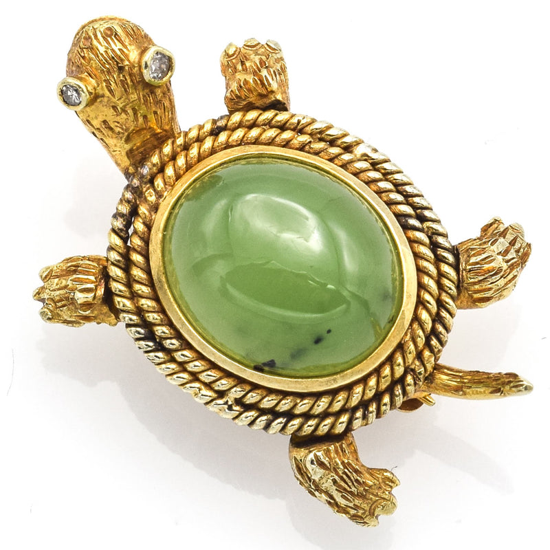 Vintage Gump's 14K Yellow Gold 4.6 Ct Jade & Diamond Turtle Brooch Pin