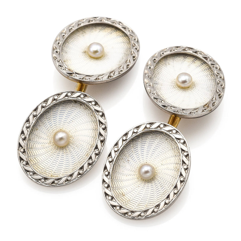 Vintage 14K Multi-Tone Gold Sea Pearl Guilloche Oval Etched Cufflinks