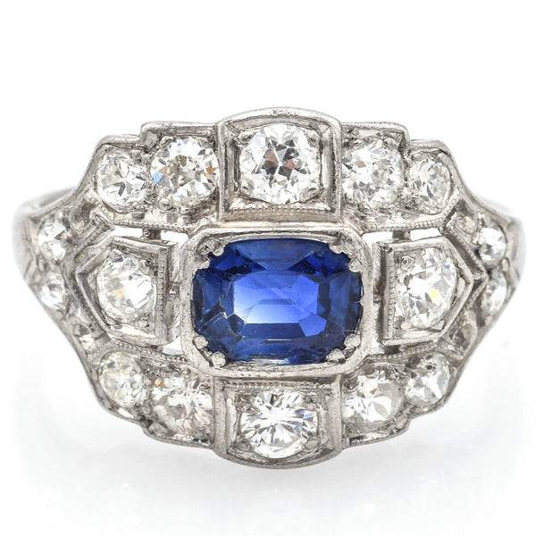 Vintage Platinum Sapphire & Euro Cut Diamond Ring