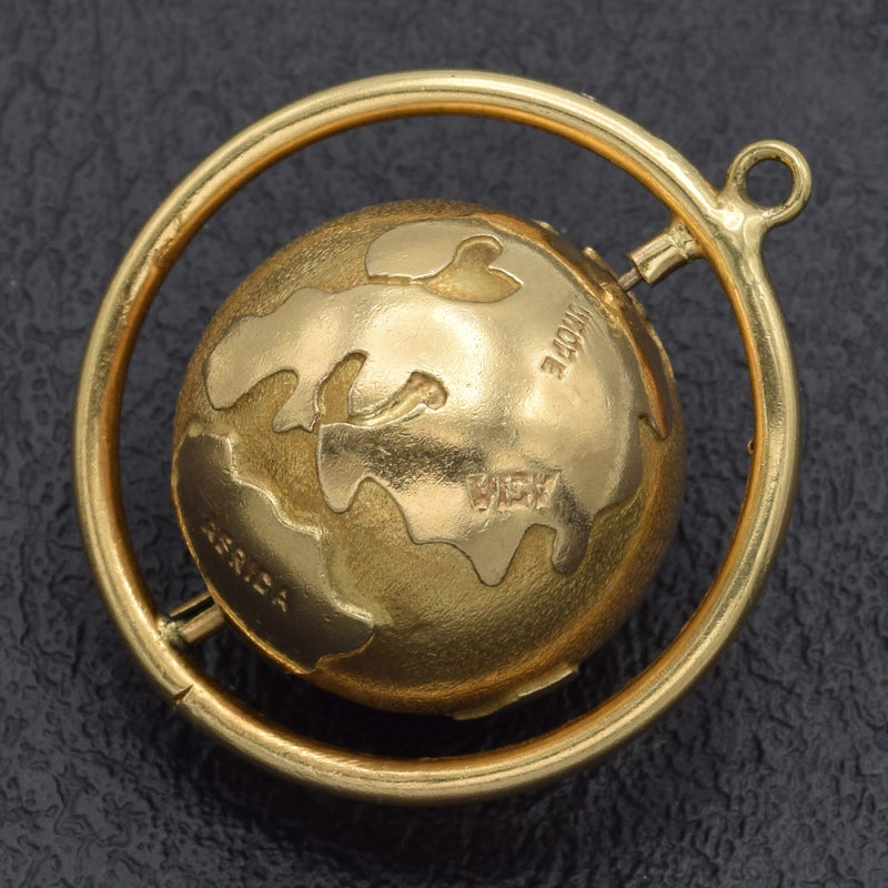 Vintage 14K Yellow Gold Spinning Globe World Charm Pendant