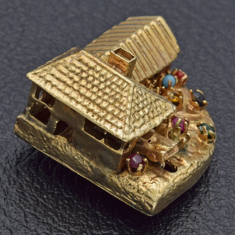 Vintage 14K Yellow Gold Multi-Stone House with Movable Car Charm Pendant