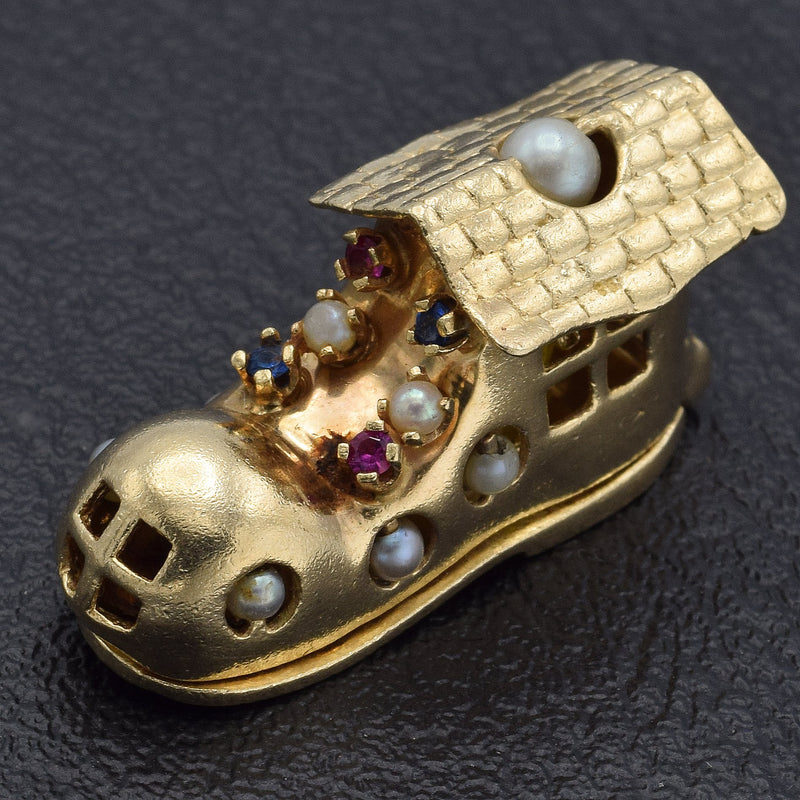 Vintage 14K Yellow Gold Multi-Stone & Pearl House Shoe Charm Pendant