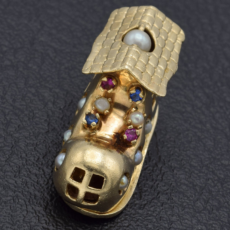 Vintage 14K Yellow Gold Multi-Stone & Pearl House Shoe Charm Pendant