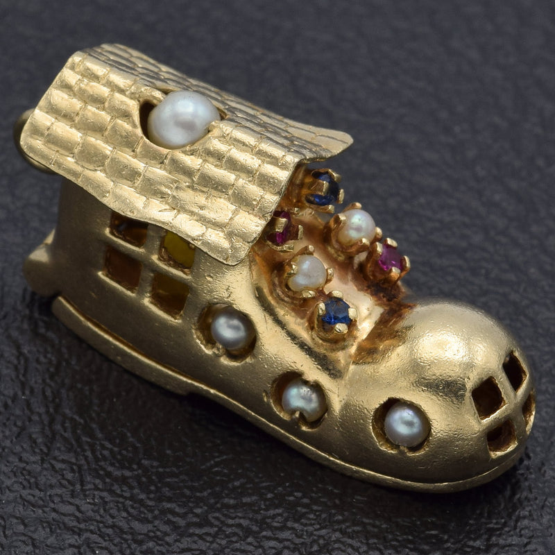 Vintage 14K Yellow Gold Multi-Stone & Pearl House Shoe Charm Pendant