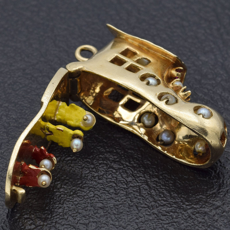 Vintage 14K Yellow Gold Multi-Stone & Pearl House Shoe Charm Pendant