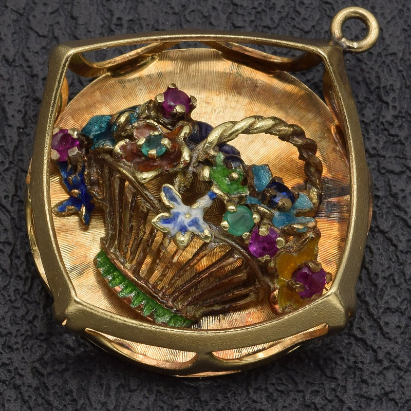 Vintage 14K Yellow Gold Multi-Stone Enamel Flower Basket Charm Pendant