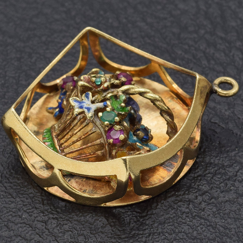 Vintage 14K Yellow Gold Multi-Stone Enamel Flower Basket Charm Pendant