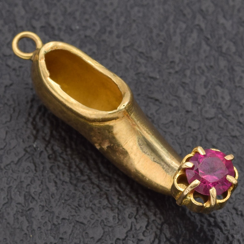 Vintage 18K Yellow Gold Ruby Persian Slipper Shoe Charm Pendant