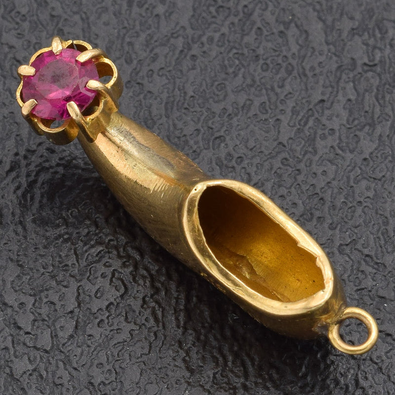 Vintage 18K Yellow Gold Ruby Persian Slipper Shoe Charm Pendant