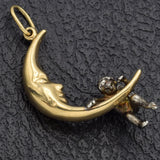 Vintage 14K Yellow Gold Crescent Moon With Hanging Cherub