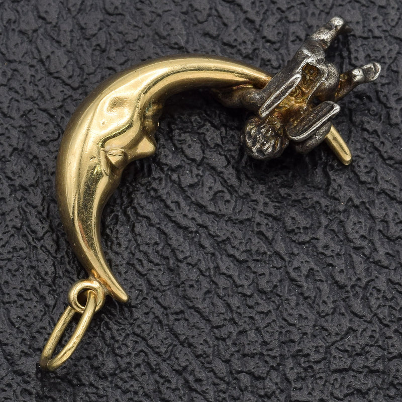 Vintage 14K Yellow Gold Crescent Moon With Hanging Cherub