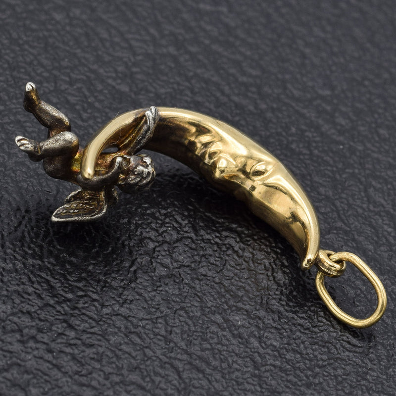 Vintage 14K Yellow Gold Crescent Moon With Hanging Cherub