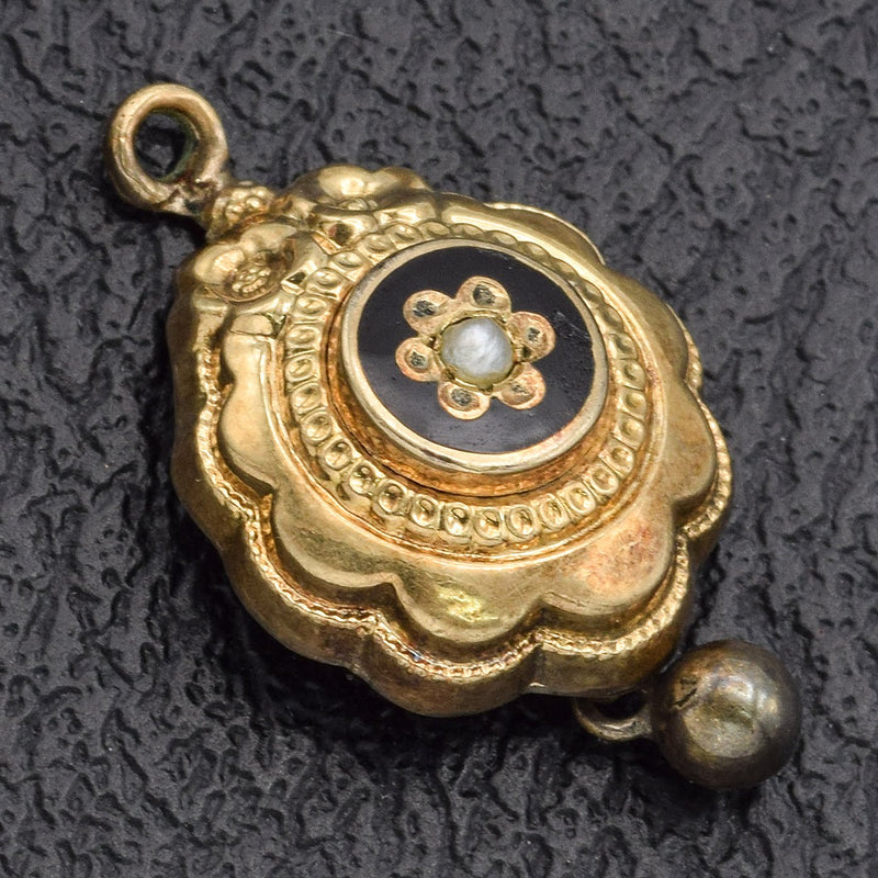 Vintage 14K Yellow Gold Black Enamel Pearl Floral Charm Pendant