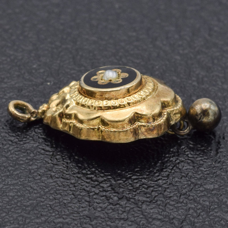 Vintage 14K Yellow Gold Black Enamel Pearl Floral Charm Pendant