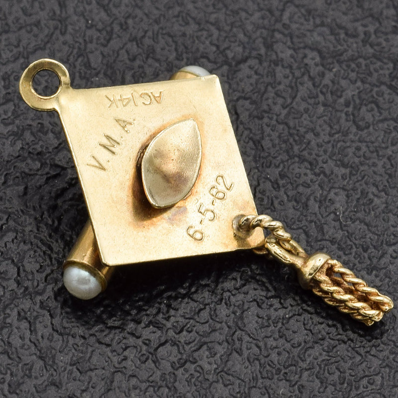 Vintage 14K Yellow Gold Graduation Cap & Diploma Pearl Charm Pendant