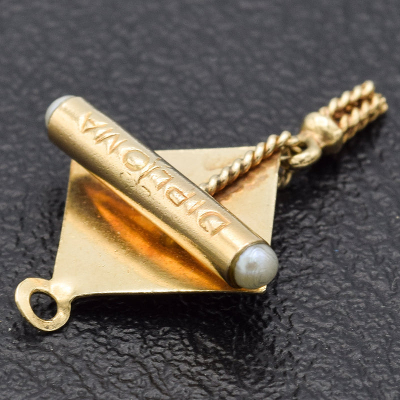 Vintage 14K Yellow Gold Graduation Cap & Diploma Pearl Charm Pendant