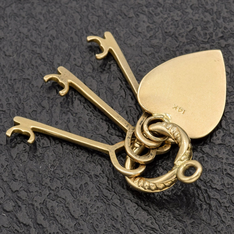 Vintage 14K Yellow Gold Heart and Keys Charm Pendant