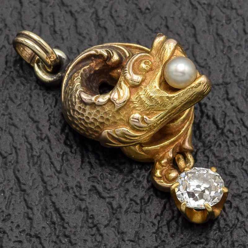 Vintage 14K Yellow Gold 0.32 Ct Old Euro Diamond Pearl Dragon Charm Pendant
