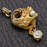 Vintage 14K Yellow Gold 0.32 Ct Old Euro Diamond Pearl Dragon Charm Pendant