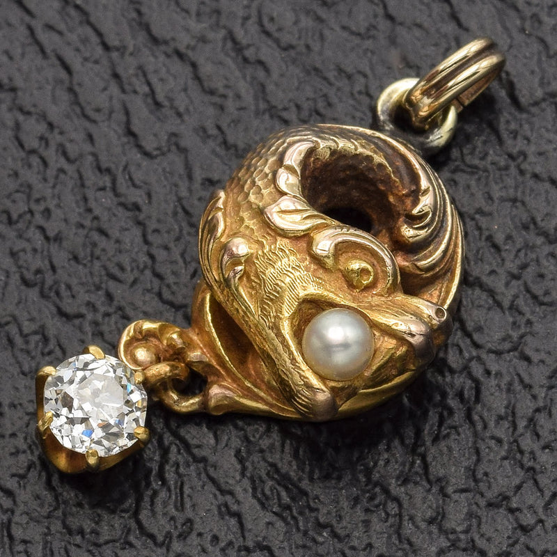 Vintage 14K Yellow Gold 0.32 Ct Old Euro Diamond Pearl Dragon Charm Pendant